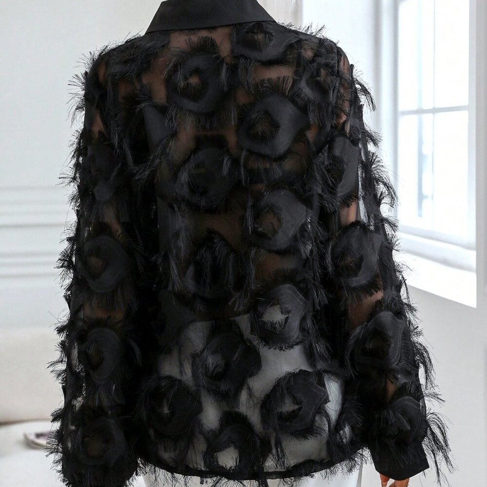 Black Party Women's Fuzzy Trim Button Front Shirt - Picture 2 of 7